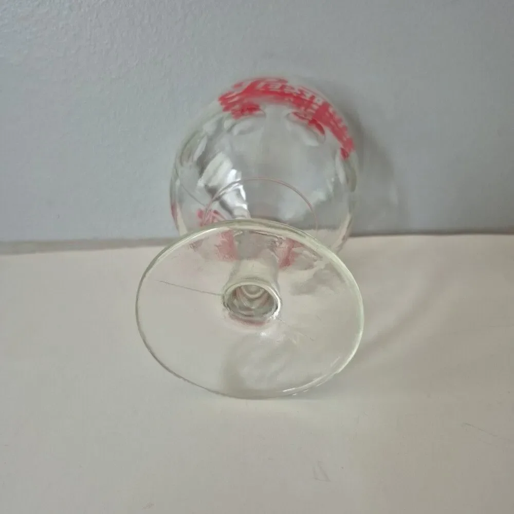 Pepsi Cola VTG Thick Clear Thumbprint Goblet Red Script Logo Pedestal Glass 16OZ